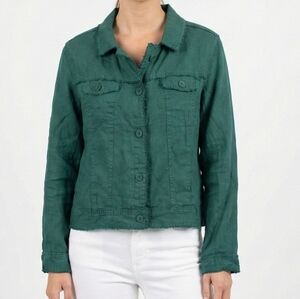 Lulu-B Emerald Green 100% Linen Raw Hem Trucker Jacket Large Lagenlook
